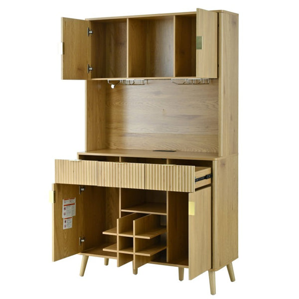 English Elm U_style Tall Kitchen Sideboard with LED Lighting Built-In Outlets and Nine Bottle Wine Rack WY000488AAO