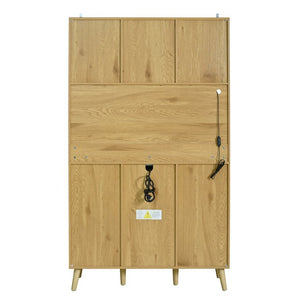 English Elm U_style Tall Kitchen Sideboard with LED Lighting Built-In Outlets and Nine Bottle Wine Rack WY000488AAO