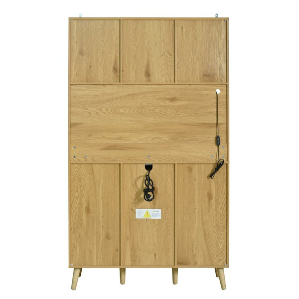 English Elm U_style Tall Kitchen Sideboard with LED Lighting Built-In Outlets and Nine Bottle Wine Rack WY000488AAO