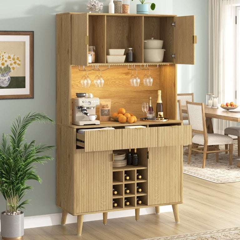 English Elm U_style Tall Kitchen Sideboard with LED Lighting Built-In Outlets and Nine Bottle Wine Rack WY000488AAO