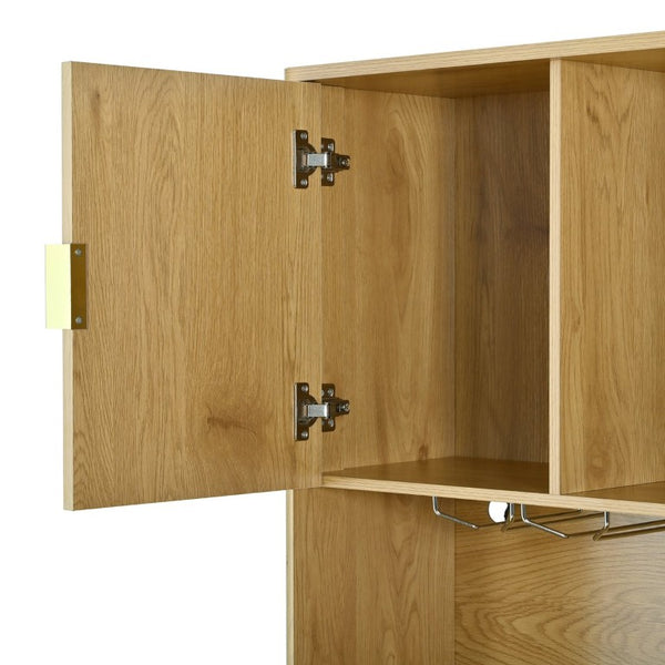 English Elm U_style Tall Kitchen Sideboard with LED Lighting Built-In Outlets and Nine Bottle Wine Rack WY000488AAO
