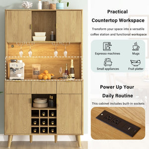 English Elm U_style Tall Kitchen Sideboard with LED Lighting Built-In Outlets and Nine Bottle Wine Rack WY000488AAO