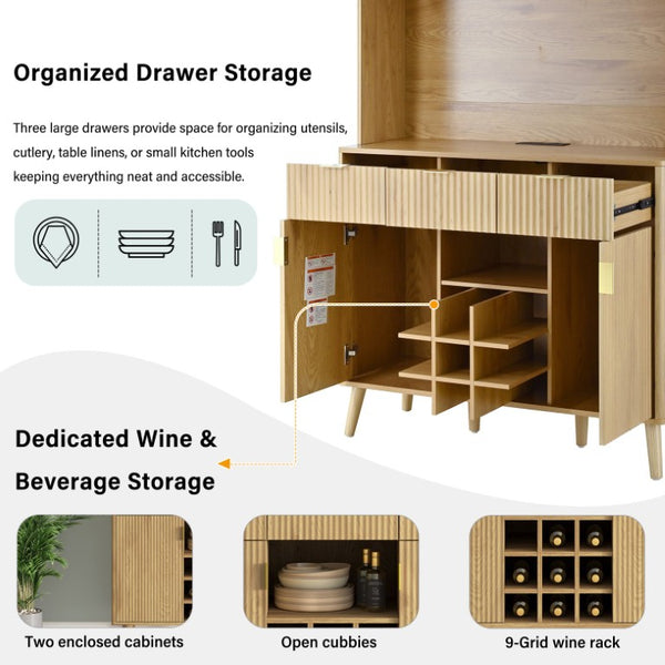 English Elm U_style Tall Kitchen Sideboard with LED Lighting Built-In Outlets and Nine Bottle Wine Rack WY000488AAO