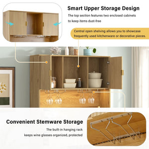 English Elm U_style Tall Kitchen Sideboard with LED Lighting Built-In Outlets and Nine Bottle Wine Rack WY000488AAO