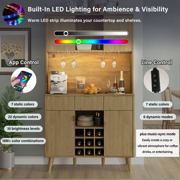 English Elm U_style Tall Kitchen Sideboard with LED Lighting Built-In Outlets and Nine Bottle Wine Rack WY000488AAO