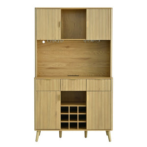 English Elm U_style Tall Kitchen Sideboard with LED Lighting Built-In Outlets and Nine Bottle Wine Rack WY000488AAO