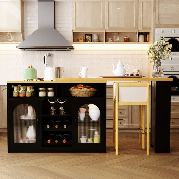 English Elm U_style Rolling Bar Cabinet with LED Lighting Extendable Top and Built in Wine Storage WY000489AAB