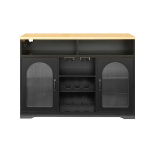 English Elm U_style Rolling Bar Cabinet with LED Lighting Extendable Top and Built in Wine Storage WY000489AAB