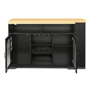 English Elm U_style Rolling Bar Cabinet with LED Lighting Extendable Top and Built in Wine Storage WY000489AAB
