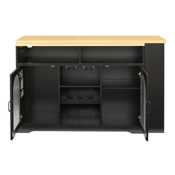 English Elm U_style Rolling Bar Cabinet with LED Lighting Extendable Top and Built in Wine Storage WY000489AAB