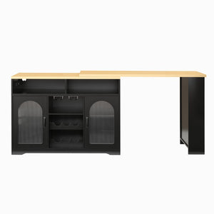 English Elm U_style Rolling Bar Cabinet with LED Lighting Extendable Top and Built in Wine Storage WY000489AAB