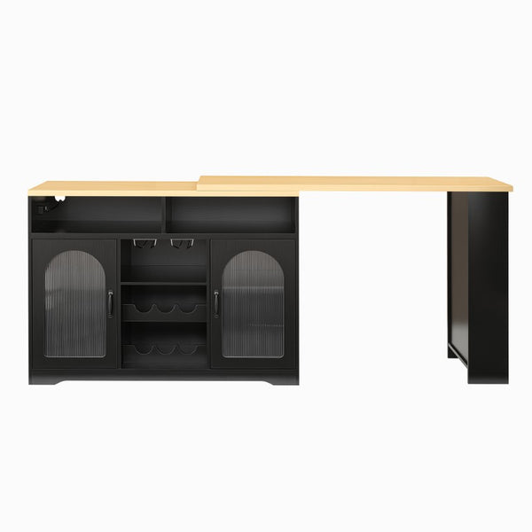English Elm U_style Rolling Bar Cabinet with LED Lighting Extendable Top and Built in Wine Storage WY000489AAB