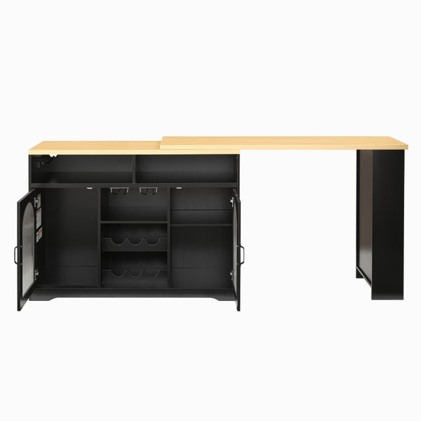English Elm U_style Rolling Bar Cabinet with LED Lighting Extendable Top and Built in Wine Storage WY000489AAB