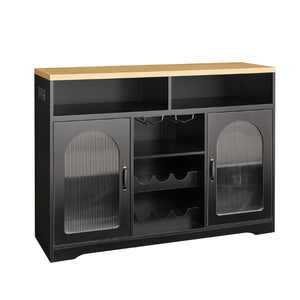 English Elm U_style Rolling Bar Cabinet with LED Lighting Extendable Top and Built in Wine Storage WY000489AAB