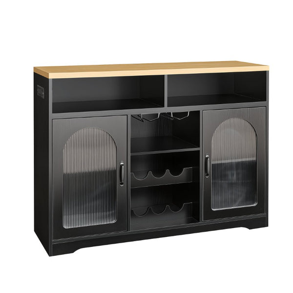 English Elm U_style Rolling Bar Cabinet with LED Lighting Extendable Top and Built in Wine Storage WY000489AAB