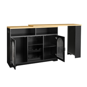 English Elm U_style Rolling Bar Cabinet with LED Lighting Extendable Top and Built in Wine Storage WY000489AAB