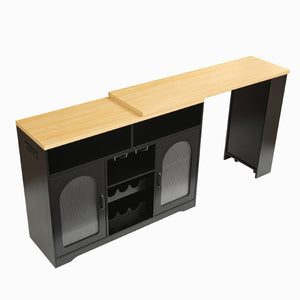 English Elm U_style Rolling Bar Cabinet with LED Lighting Extendable Top and Built in Wine Storage WY000489AAB