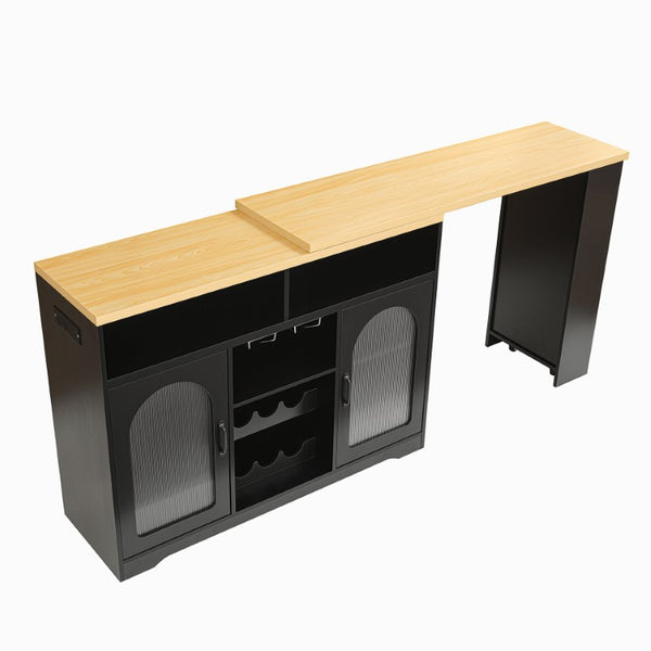 English Elm U_style Rolling Bar Cabinet with LED Lighting Extendable Top and Built in Wine Storage WY000489AAB