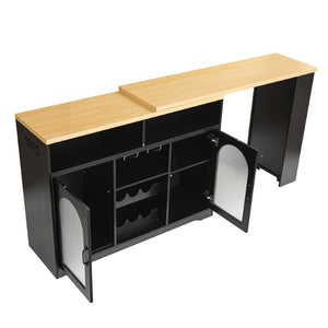 English Elm U_style Rolling Bar Cabinet with LED Lighting Extendable Top and Built in Wine Storage WY000489AAB