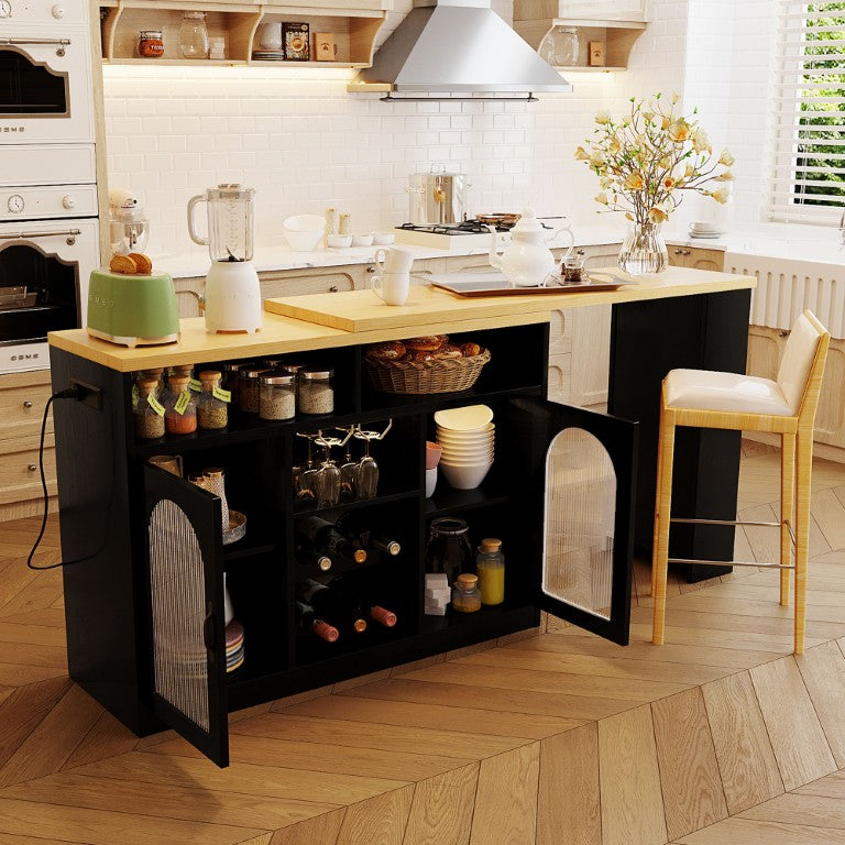 English Elm U_style Rolling Bar Cabinet with LED Lighting Extendable Top and Built in Wine Storage WY000489AAB