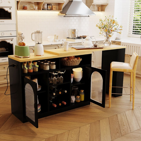 English Elm U_style Rolling Bar Cabinet with LED Lighting Extendable Top and Built in Wine Storage WY000489AAB