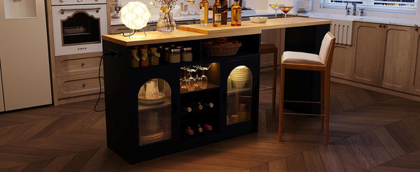 English Elm U_style Rolling Bar Cabinet with LED Lighting Extendable Top and Built in Wine Storage WY000489AAB