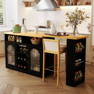English Elm U_style Rolling Bar Cabinet with LED Lighting Extendable Top and Built in Wine Storage WY000489AAB