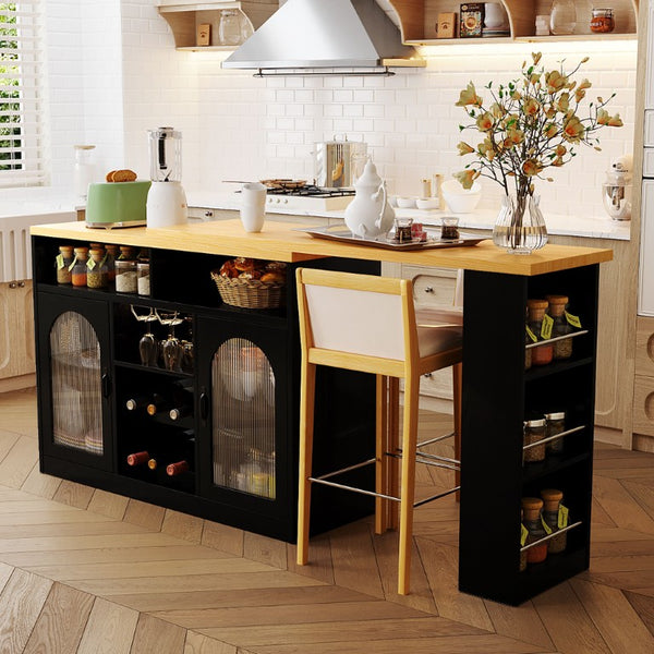English Elm U_style Rolling Bar Cabinet with LED Lighting Extendable Top and Built in Wine Storage WY000489AAB