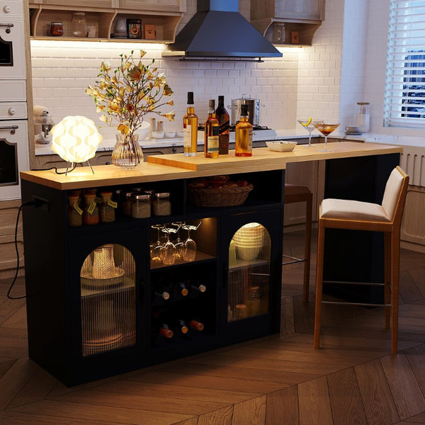 English Elm U_style Rolling Bar Cabinet with LED Lighting Extendable Top and Built in Wine Storage WY000489AAB