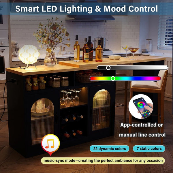 English Elm U_style Rolling Bar Cabinet with LED Lighting Extendable Top and Built in Wine Storage WY000489AAB
