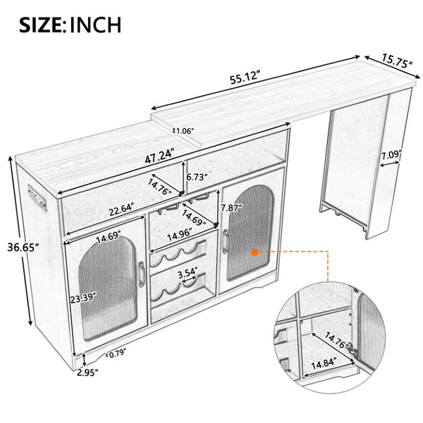 English Elm U_style Rolling Bar Cabinet with LED Lighting Extendable Top and Built in Wine Storage WY000489AAB