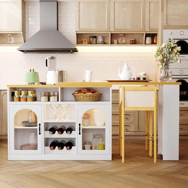 English Elm U_style MDF Rolling Sideboard with App LED Lighting Extendable Top and Wine Rack WY000489AAK