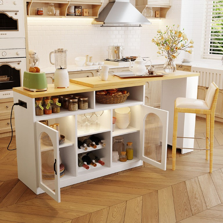 English Elm U_style MDF Rolling Sideboard with App LED Lighting Extendable Top and Wine Rack WY000489AAK
