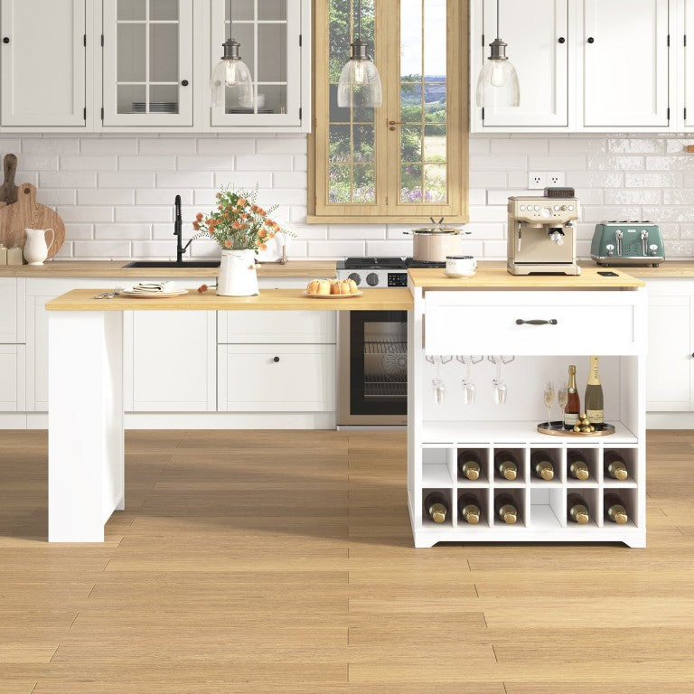 English Elm U_style Farmhouse Counter Cabinet with Extendable Top Wine Rack and Built-In Power Outlet WY000490AAK