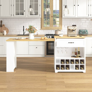 English Elm U_style Farmhouse Counter Cabinet with Extendable Top Wine Rack and Built-In Power Outlet WY000490AAK