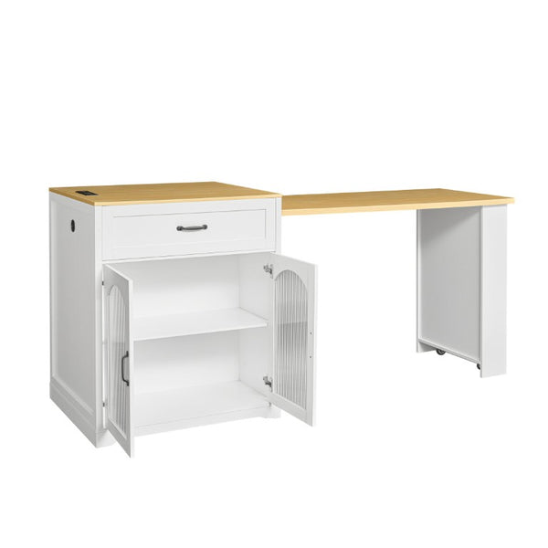 English Elm U_style Farmhouse Counter Cabinet with Extendable Top Wine Rack and Built-In Power Outlet WY000490AAK