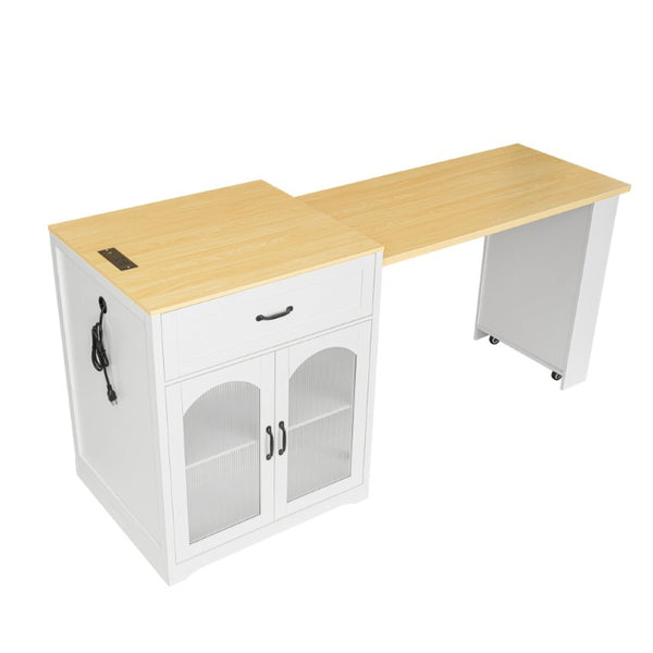 English Elm U_style Farmhouse Counter Cabinet with Extendable Top Wine Rack and Built-In Power Outlet WY000490AAK