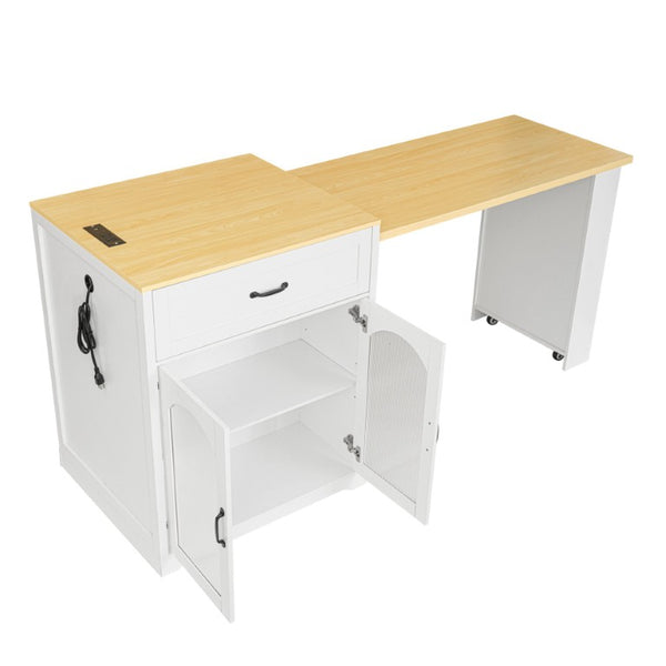 English Elm U_style Farmhouse Counter Cabinet with Extendable Top Wine Rack and Built-In Power Outlet WY000490AAK