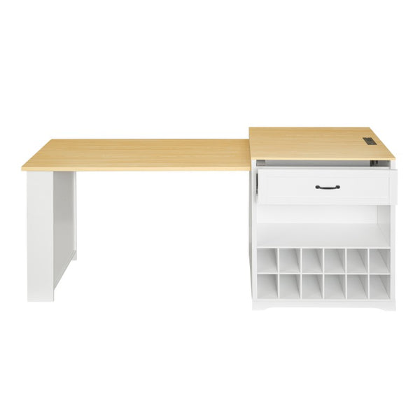English Elm U_style Farmhouse Counter Cabinet with Extendable Top Wine Rack and Built-In Power Outlet WY000490AAK