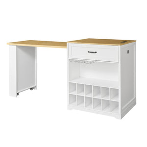 English Elm U_style Farmhouse Counter Cabinet with Extendable Top Wine Rack and Built-In Power Outlet WY000490AAK