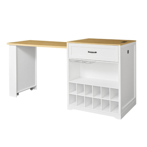English Elm U_style Farmhouse Counter Cabinet with Extendable Top Wine Rack and Built-In Power Outlet WY000490AAK
