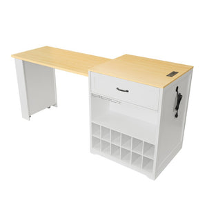 English Elm U_style Farmhouse Counter Cabinet with Extendable Top Wine Rack and Built-In Power Outlet WY000490AAK