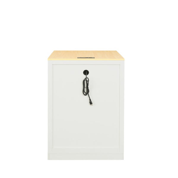 English Elm U_style Farmhouse Counter Cabinet with Extendable Top Wine Rack and Built-In Power Outlet WY000490AAK