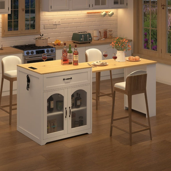 English Elm U_style Farmhouse Counter Cabinet with Extendable Top Wine Rack and Built-In Power Outlet WY000490AAK