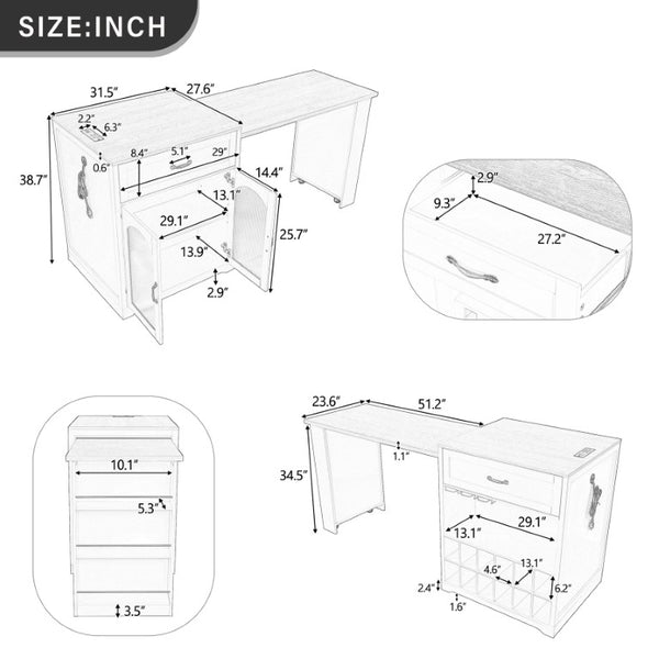 English Elm U_style Farmhouse Counter Cabinet with Extendable Top Wine Rack and Built-In Power Outlet WY000490AAK