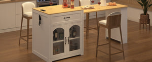 English Elm U_style Farmhouse Counter Cabinet with Extendable Top Wine Rack and Built-In Power Outlet WY000490AAK