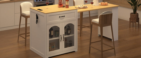 English Elm U_style Farmhouse Counter Cabinet with Extendable Top Wine Rack and Built-In Power Outlet WY000490AAK