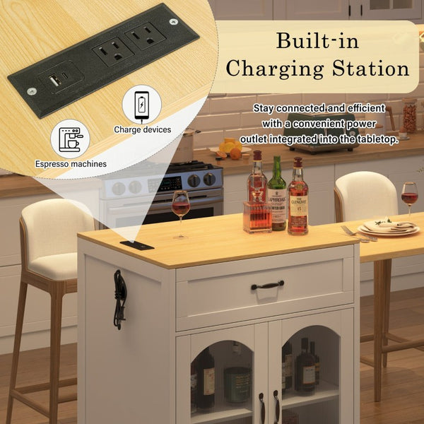 English Elm U_style Farmhouse Counter Cabinet with Extendable Top Wine Rack and Built-In Power Outlet WY000490AAK