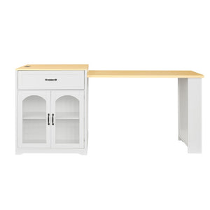 English Elm U_style Farmhouse Counter Cabinet with Extendable Top Wine Rack and Built-In Power Outlet WY000490AAK