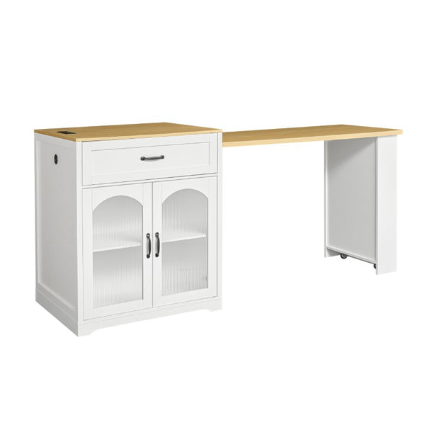 English Elm U_style Farmhouse Counter Cabinet with Extendable Top Wine Rack and Built-In Power Outlet WY000490AAK
